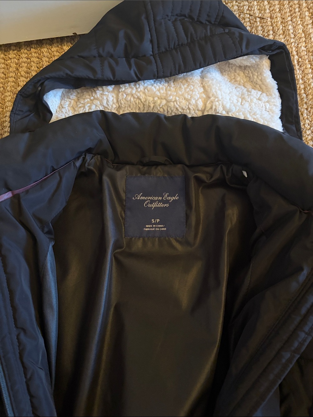 American Eagle Outfitters Black Puffer Jacket with Sherpa Hood Lining